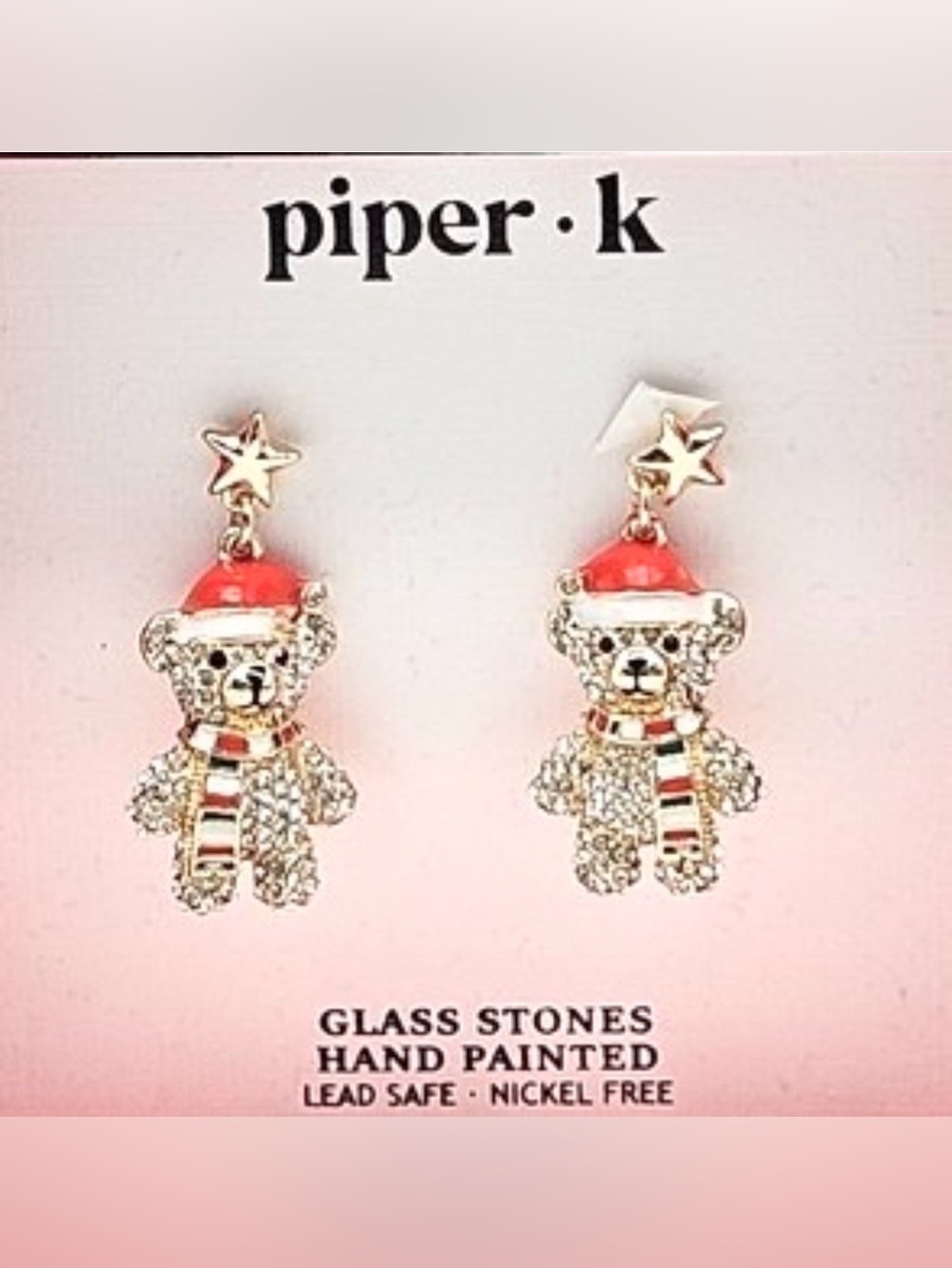 Piper K Christmas Santa Teddy Bear dangle earrings hand-painted/glass stones.